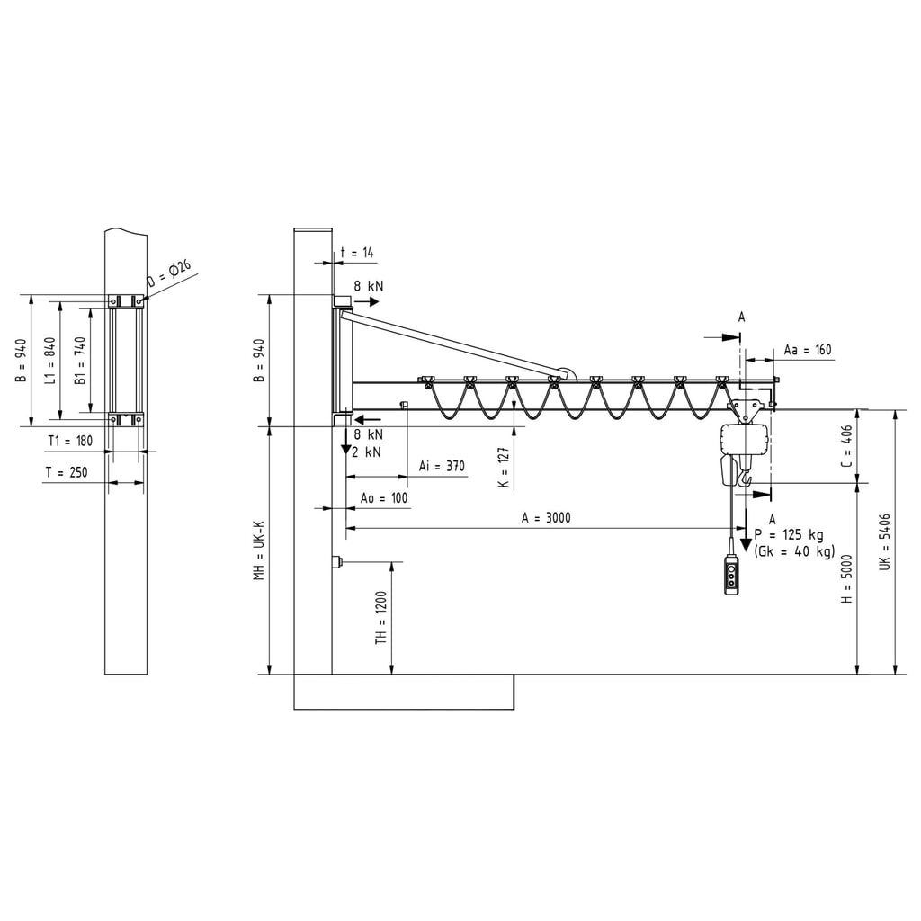 Número de imagen del producto 2: Grúa giratoria VETTER® incl. polipasto de cadena eléctrico LIFTKET, versión de pared con arriostramiento, voladizo 3.000 mm, CC 125 kg