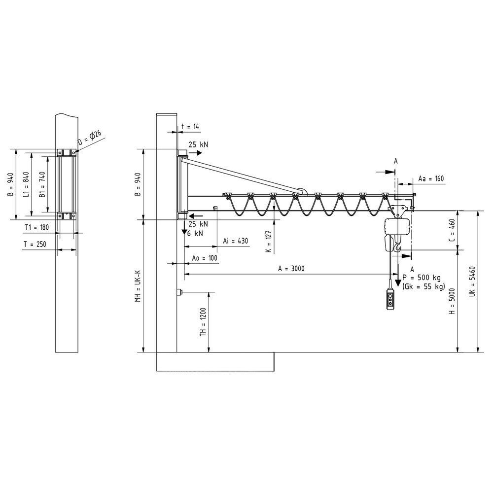 Número de imagen del producto 2: Grúa giratoria VETTER® incl. polipasto de cadena eléctrico LIFTKET, versión de pared con arriostramiento, voladizo 3.000 mm, CC 500 kg