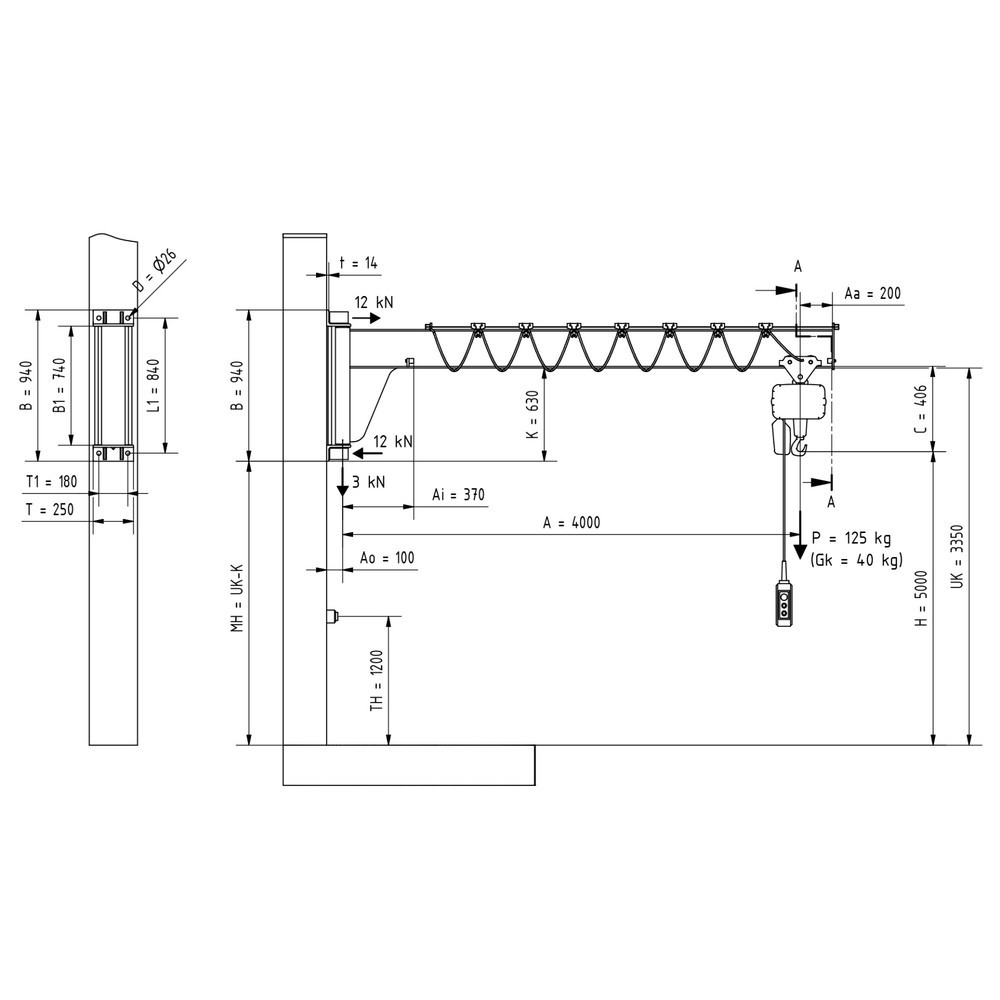 Número de imagen del producto 2: Grúa giratoria VETTER® incl. polipasto de cadena eléctrico LIFTKET, versión de pared, altura reducida, voladizo 4.000 mm, CC 125 kg
