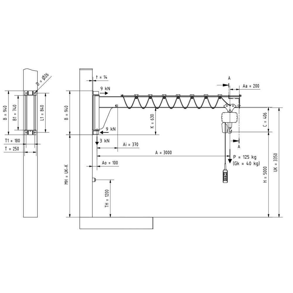 Número de imagen del producto 2: Grúa giratoria VETTER® incl. polipasto de cadena eléctrico LIFTKET, versión de pared, altura reducida, voladizo 3.000 mm, CC 125 kg