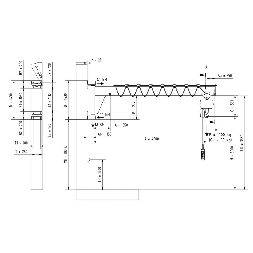 Número de imagen del producto 2: Grúa giratoria VETTER® incl. polipasto de cadena eléctrico LIFTKET, versión de pared, altura reducida, voladizo 4.000 mm, CC 1.000 kg