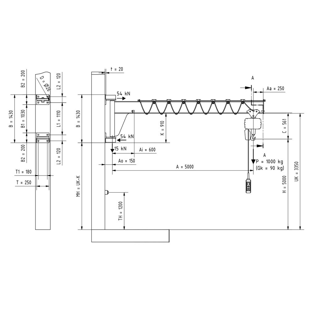 Número de imagen del producto 2: Grúa giratoria VETTER® incl. polipasto de cadena eléctrico LIFTKET, versión de pared, altura reducida, voladizo 5.000 mm, CC 1.000 kg