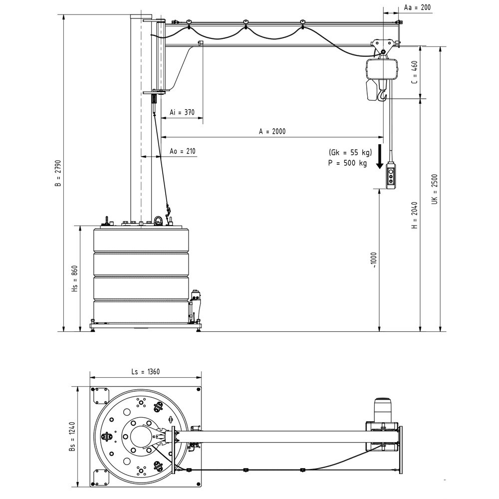 Número de imagen del producto 2: Grúa giratoria VETTER® incl. polipasto de cadena eléctrico LIFTKET, radio de giro 270°, voladizo 2.000 mm, CC 500 kg