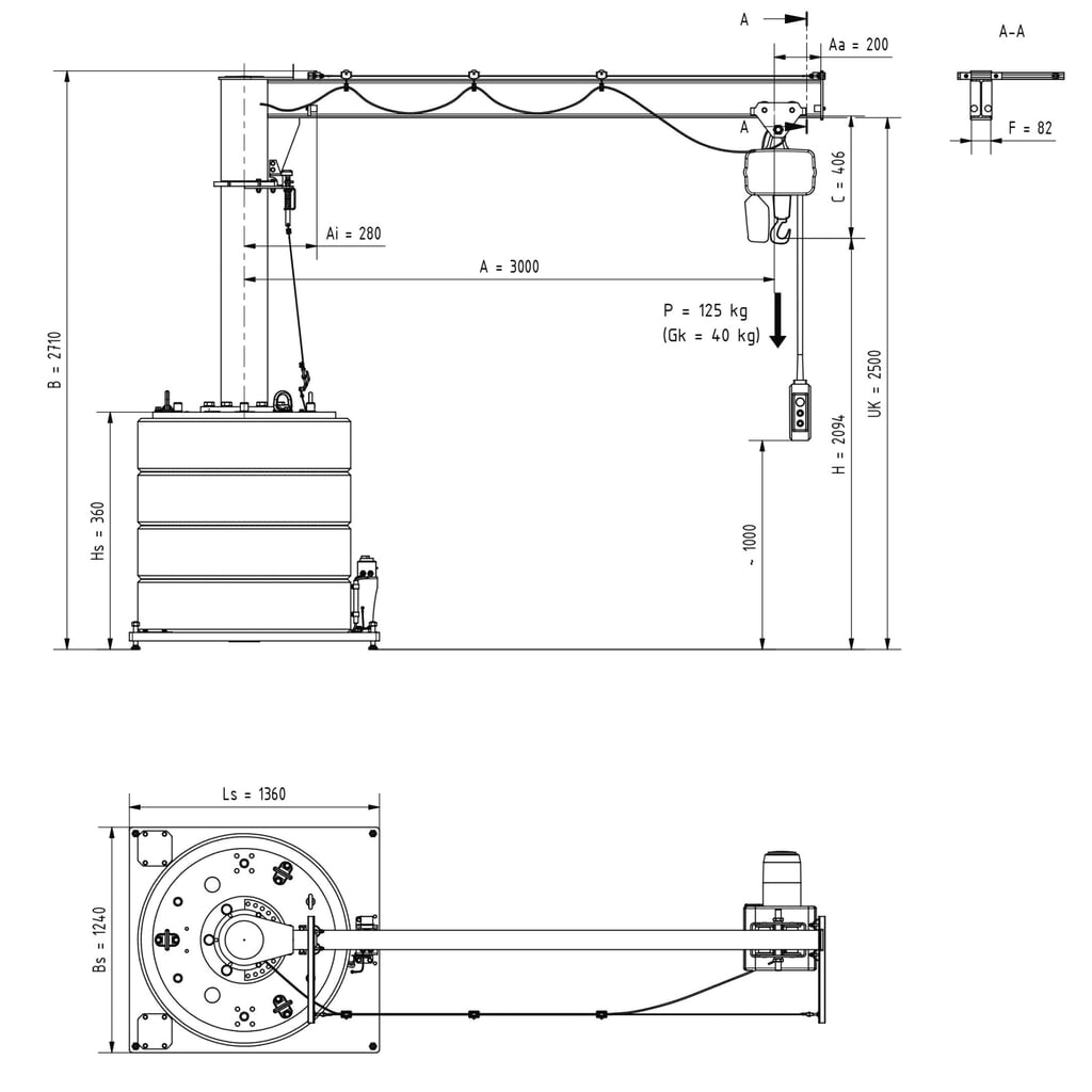 Número de imagen del producto 2: Grúa giratoria VETTER® incl. polipasto de cadena eléctrico LIFTKET, versión móvil, radio de giro 360°, voladizo 3.000 mm, CC 125 kg