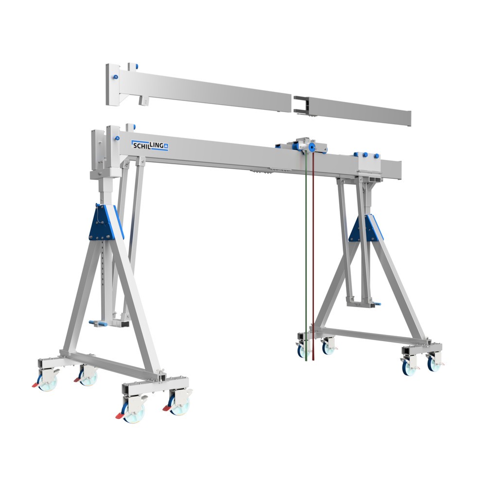 Imagen del producto: Grúa pórtico de aluminio con doble portador separable, móvil, punto de montaje 2.613-3.363 mm, capacidad de carga 2.000 kg