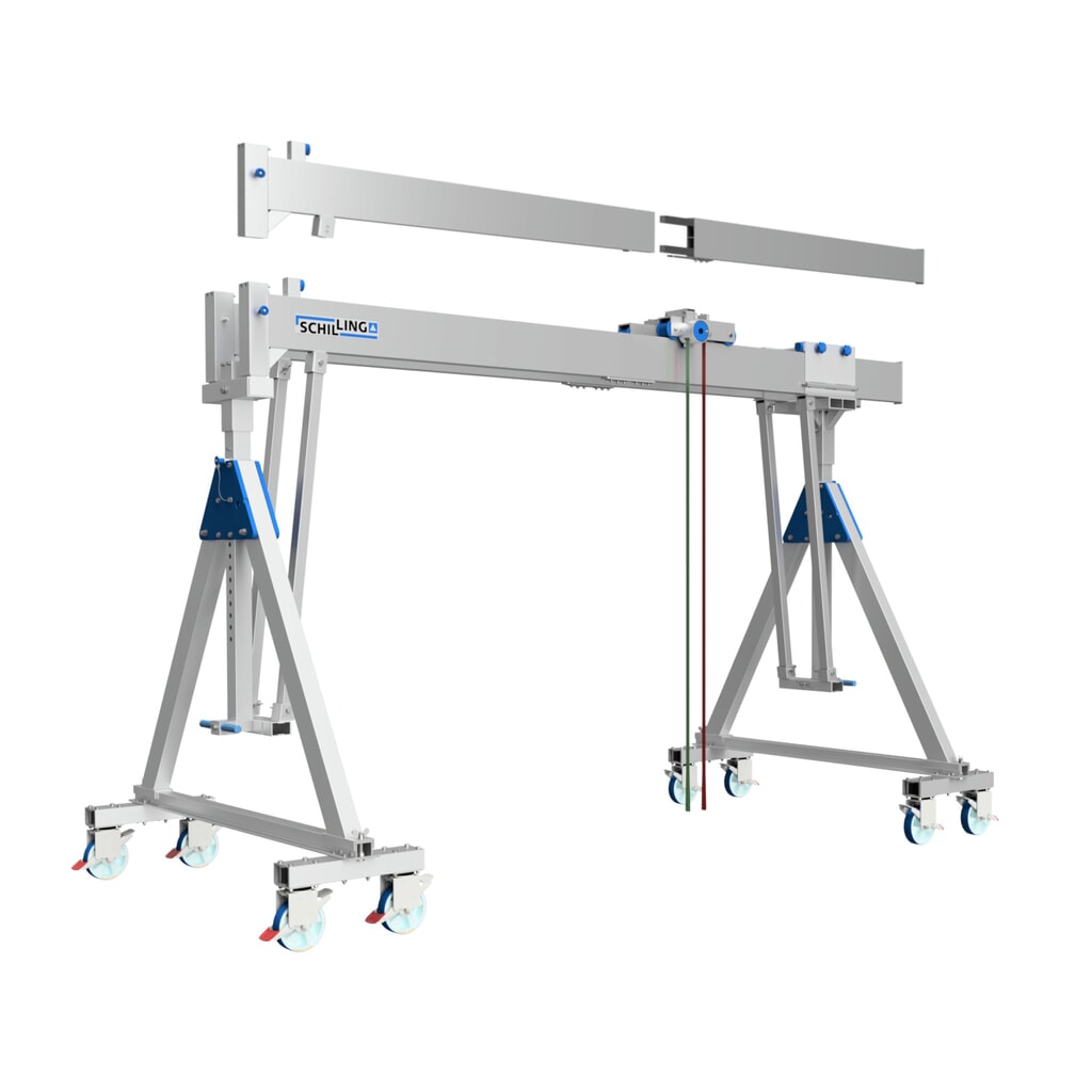 Grúa pórtico de aluminio con doble portador separable, móvil, punto de montaje 2.613-3.363 mm, capacidad de carga 3.000 kg Número de imagen del producto 1: Grúa pórtico de aluminio con doble portador separable, móvil, punto de montaje 2.613-3.363 mm, capacidad de carga 3.000 kg
