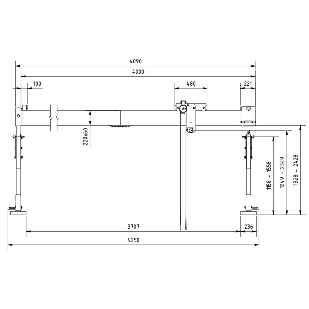 Grúa pórtico de aluminio SCHILLING con soporte divisible, punto de enganche 1.249-2.349 mm, CC 500 kg Número de imagen del producto 2: Grúa pórtico de aluminio SCHILLING con soporte divisible, punto de enganche 1.249-2.349 mm, CC 500 kg