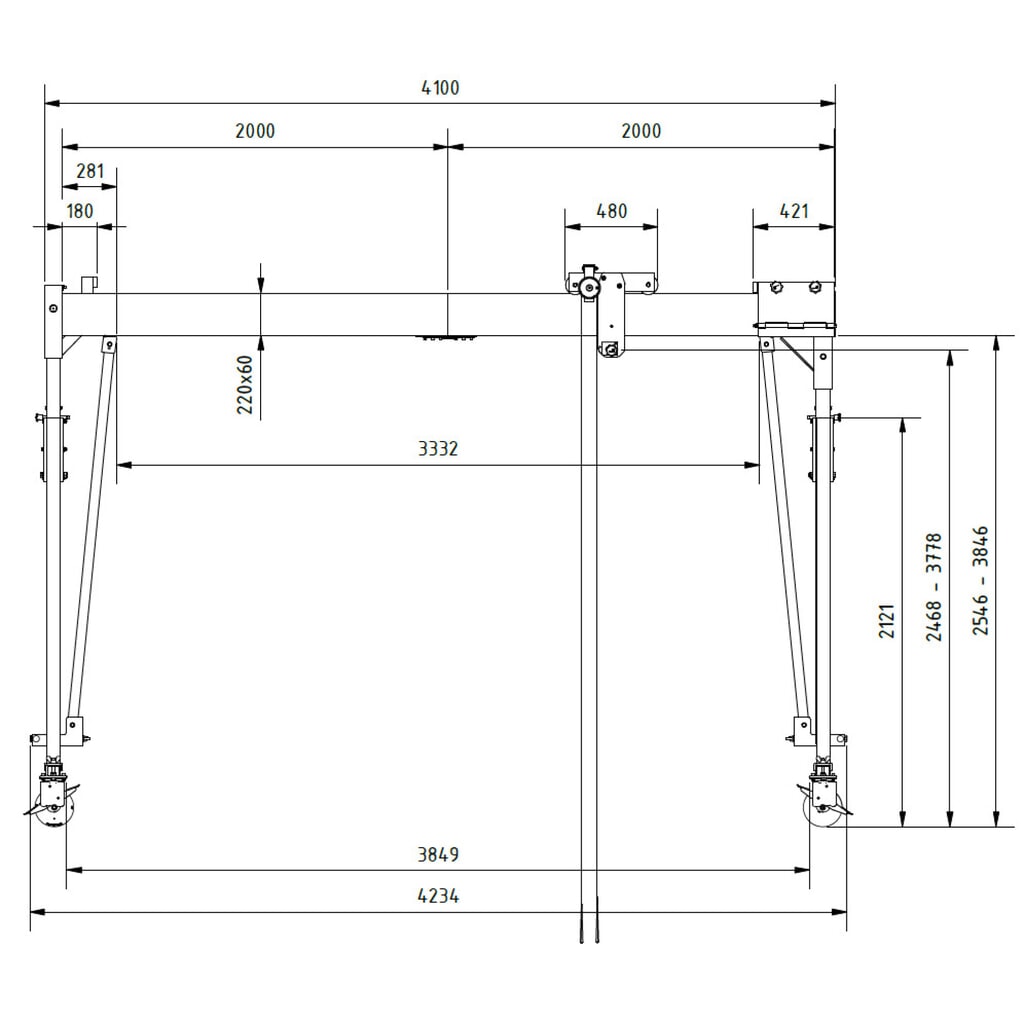 Grúa pórtico de aluminio SCHILLING con soporte divisible, móvil, altura total máxima 4.270 mm, CC 500 kg Número de imagen del producto 3: Grúa pórtico de aluminio SCHILLING con soporte divisible, móvil, altura total máxima 4.270 mm, CC 500 kg
