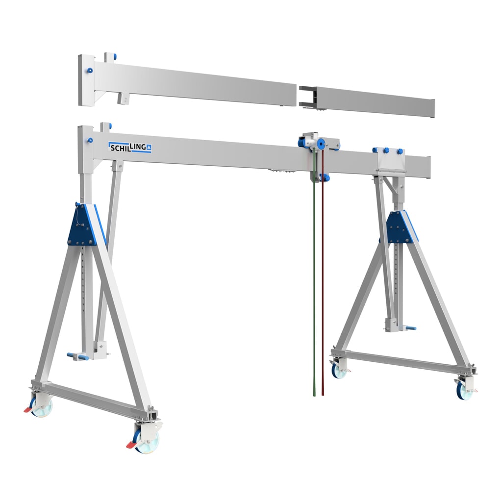 Grúa pórtico de aluminio SCHILLING con soporte divisible, móvil, altura total máxima 3.470 mm, CC 500 kg Imagen del producto: Grúa pórtico de aluminio SCHILLING con soporte divisible, móvil, altura total máxima 3.470 mm, CC 500 kg