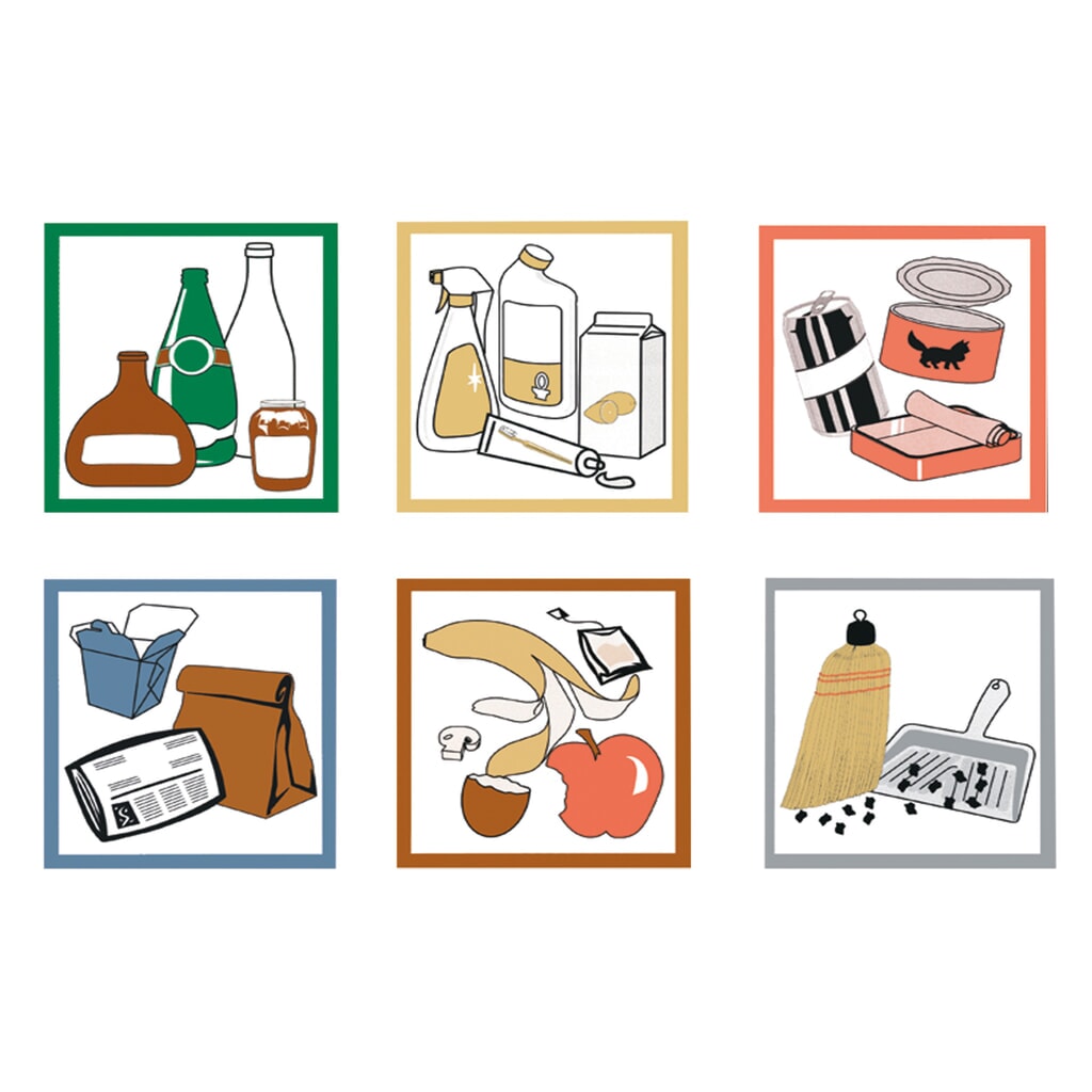 Imagen del producto: Juego de etiquetas adhesivas para contenedores de reciclaje Stumpf®, cuadradas, impermeables, 6 ud/UV