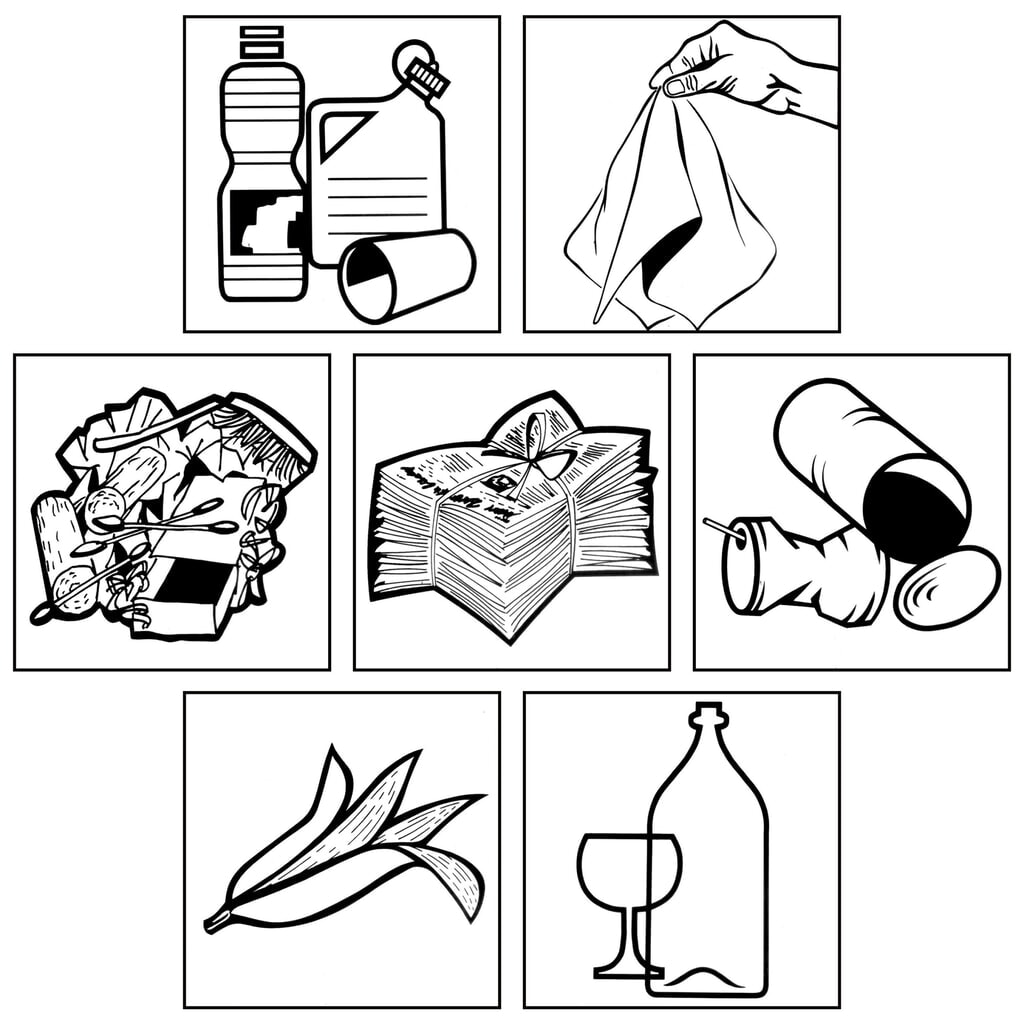 Juego de etiquetas adhesivas para contenedores de reciclaje VAR®, cuadradas, 7 ud/UV Imagen del producto: Juego de etiquetas adhesivas para contenedores de reciclaje VAR®, cuadradas, 7 ud/UV