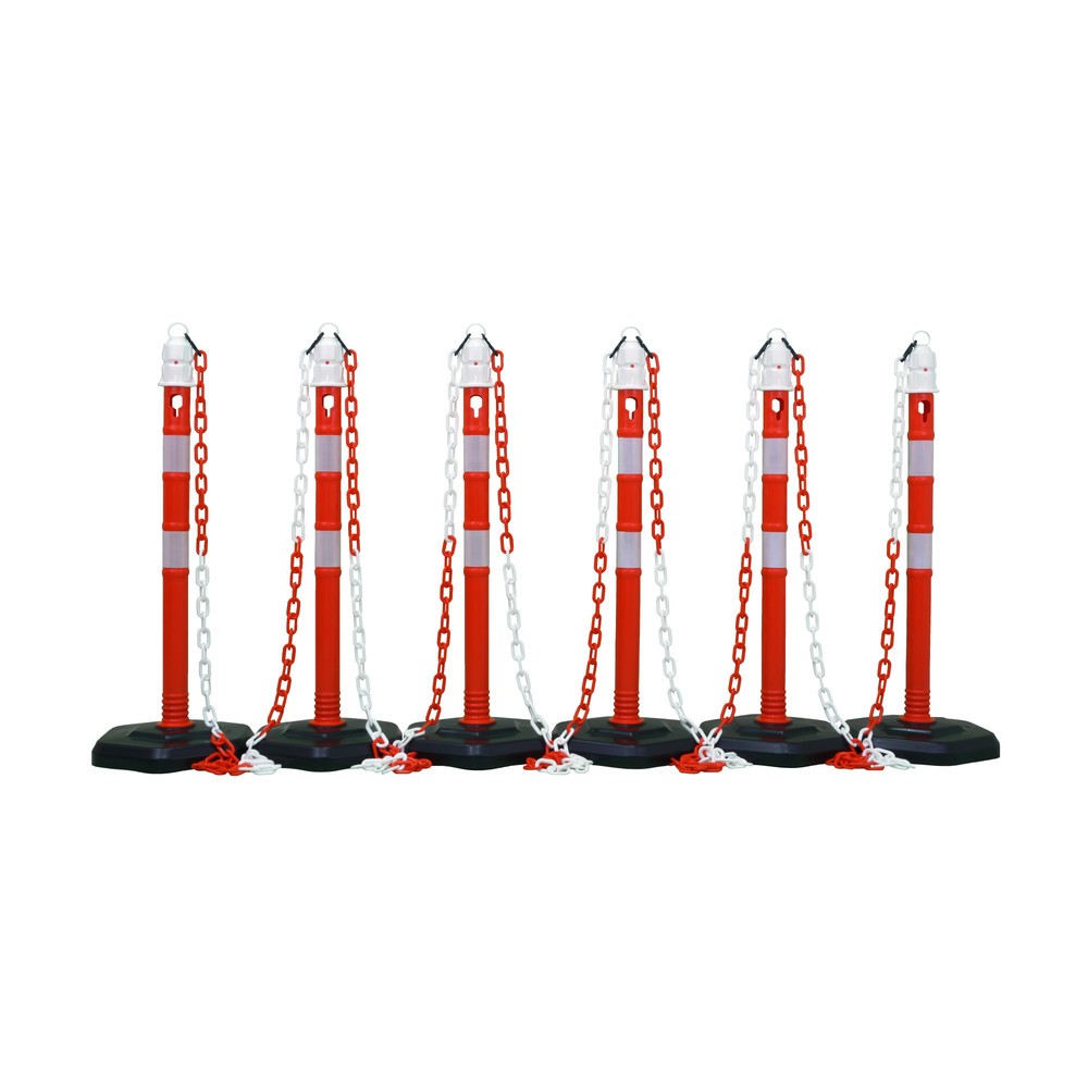 Imagen del producto: Juego de postes para cadenas Premium, 4 postes rojo/blanco, 3 cadenas de 3 m