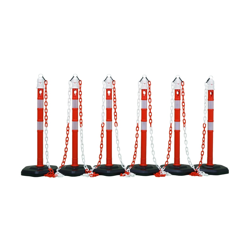 Imagen del producto: Juego de postes para cadenas Premium, 4 postes rojo/blanco, 3 cadenas de 3 m
