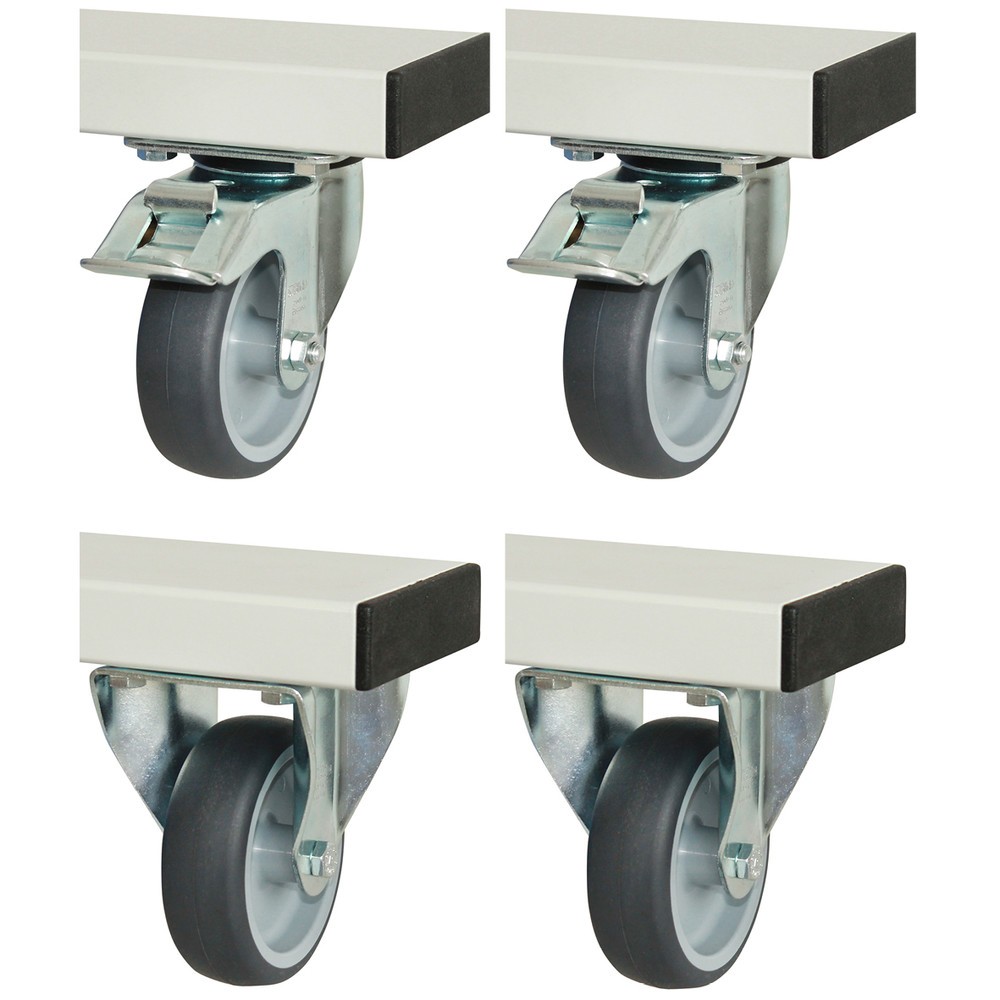 Imagen del producto: Juego de ruedas RAU para banco de trabajo serie adlatus 300/600, H x A x F 125 x 100 x 30 mm, 2 ruedas de apoyo y 2 ruedas de directrices con bloqueo