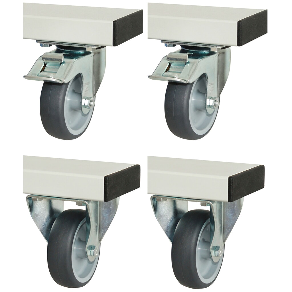 Imagen del producto: Juego de ruedas RAU para banco de trabajo serie adlatus 300/600, H x A x F 125 x 100 x 30 mm, 2 ruedas de apoyo y 2 ruedas de directrices con bloqueo