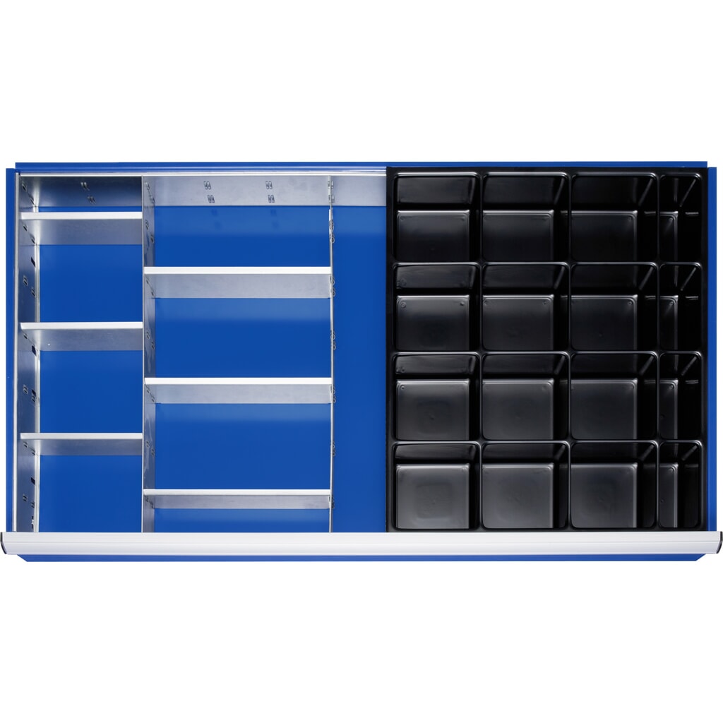 Juego de separadores para cajón RAU, H x A x F 90 x 1.055 x 560 mm, con juego de listones encajables de 4 piezas y 3 divisiones, tamaño XXL para altura frontal 120-360 mm Imagen del producto: Juego de separadores para cajón RAU, H x A x F 90 x 1.055 x 560 mm, con juego de listones encajables de 4 piezas y 3 divisiones, tamaño XXL para altura frontal 120-360 mm
