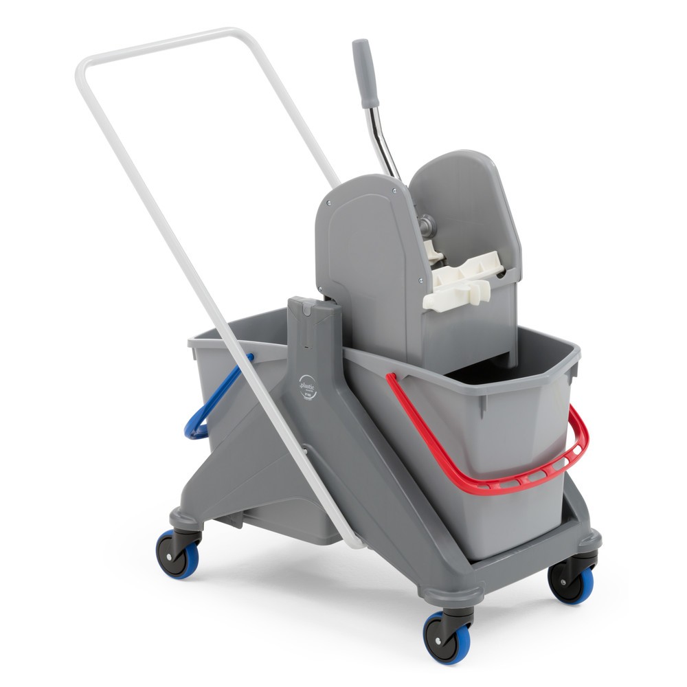 Número de imagen del producto 7: Juego de carro de transporte de limpieza profesional Steinbock®, cubo de doble rueda 2 x 15 litros, 5 trapeadores de algodón 500 mm, mango|maniobra cromado de 2 piezas, soporte plegable, 2 paños de microfibra y limpiaparabrisas combinado