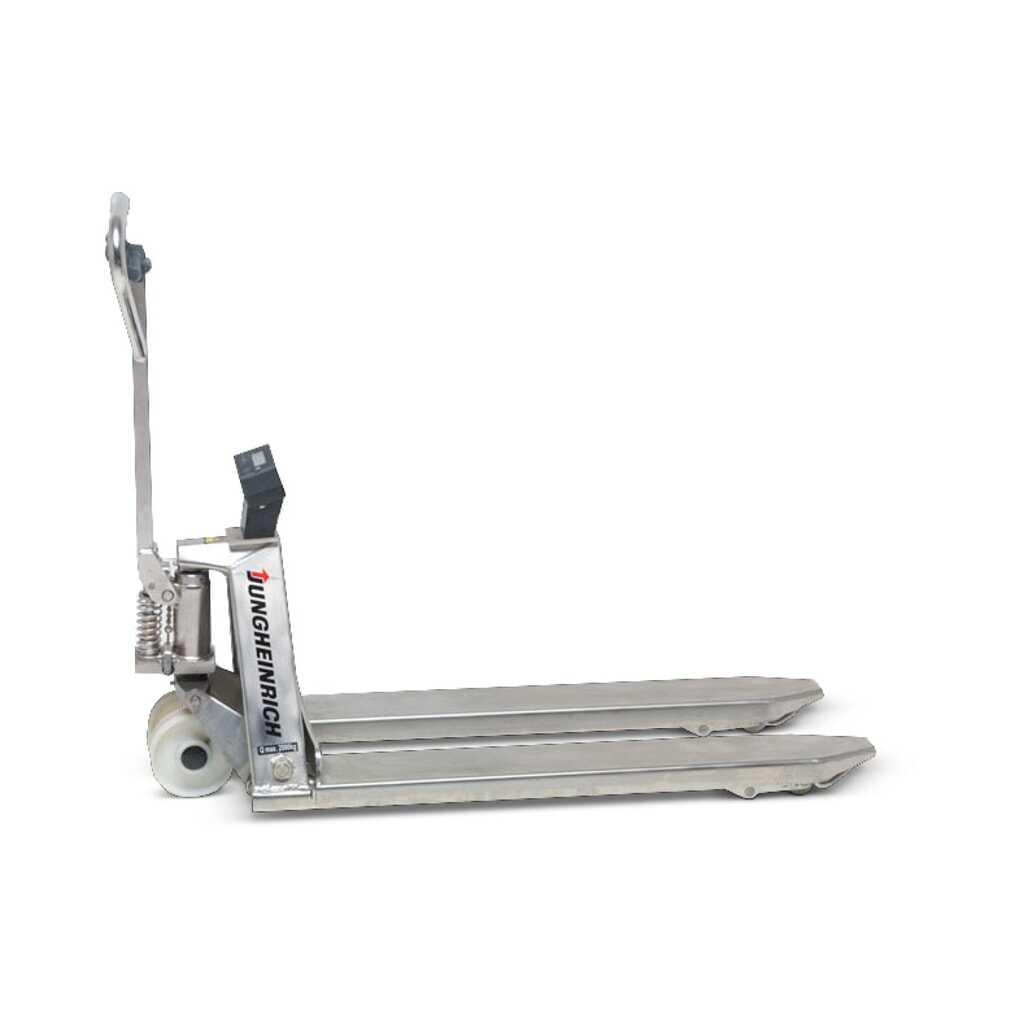 Transpaleta de acero inoxidable Jungheinrich con báscula AMW I20, capacidad de carga 2.000 kg, incrementos de 1 kg Imagen del producto: Transpaleta de acero inoxidable Jungheinrich con báscula AMW I20, capacidad de carga 2.000 kg, incrementos de 1 kg