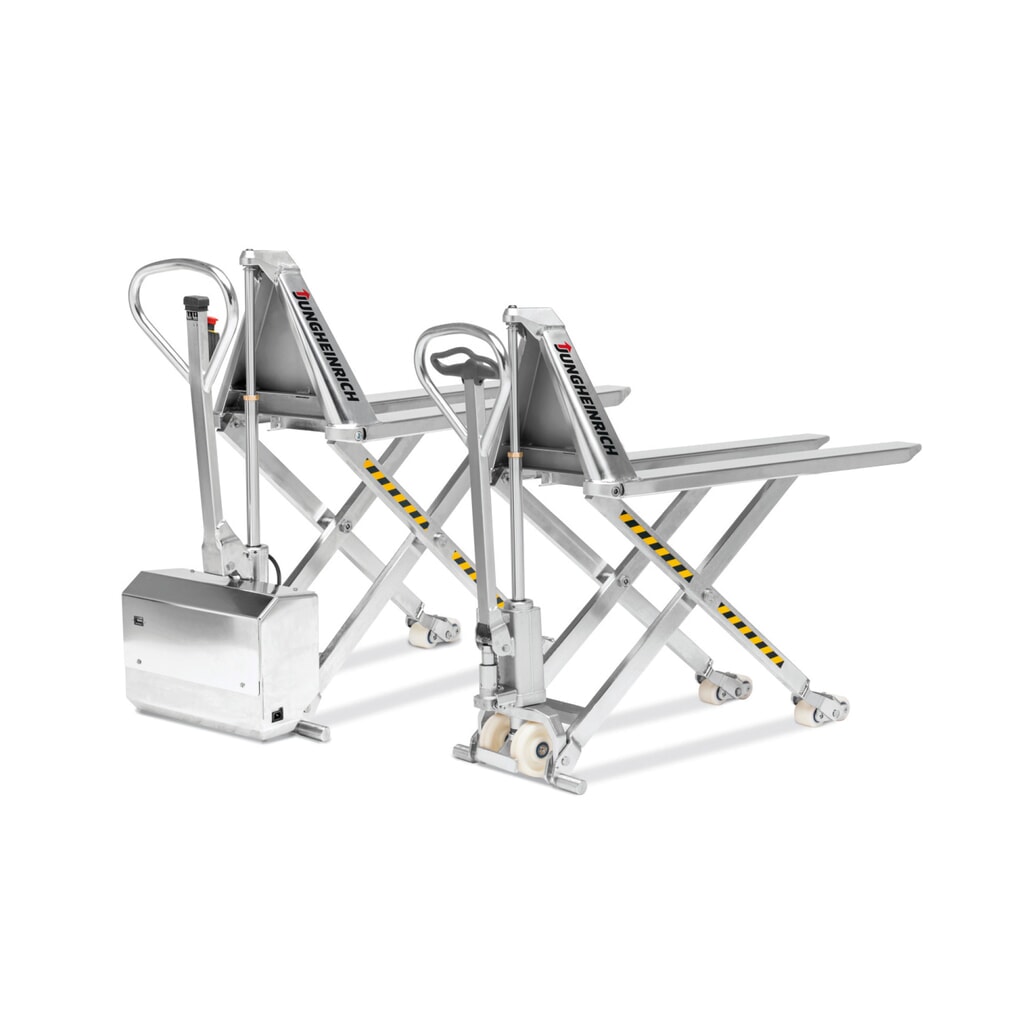 Imagen del producto: Transpaleta de tijera de acero inoxidable Jungheinrich AMX I15ep, Professional, capacidad de carga 1.500 kg, longitud de horquilla 1.200 mm, nailon