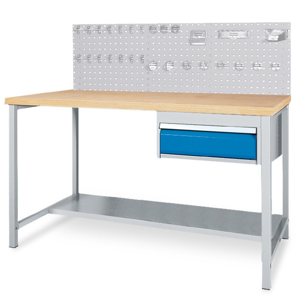 Imagen del producto: Kit completo Bedrunka+Hirth de mesa de banco de trabajo con cajón + pared trasera perforada + surtido de ganchos, H x A x F 1.310 x 1.500 x 750 mm