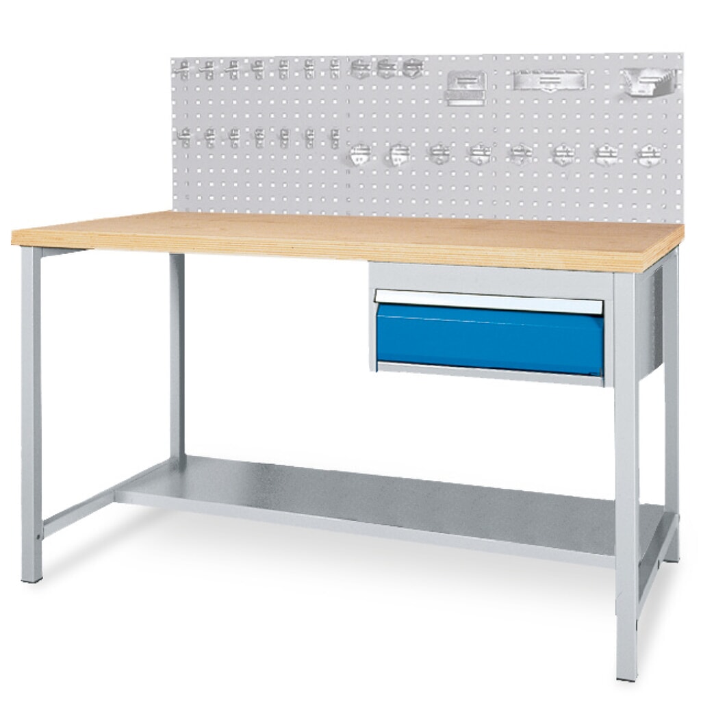 Imagen del producto: Kit completo Bedrunka+Hirth de mesa de banco de trabajo con cajón + pared trasera perforada + surtido de ganchos, H x A x F 1.310 x 2.000 x 750 mm