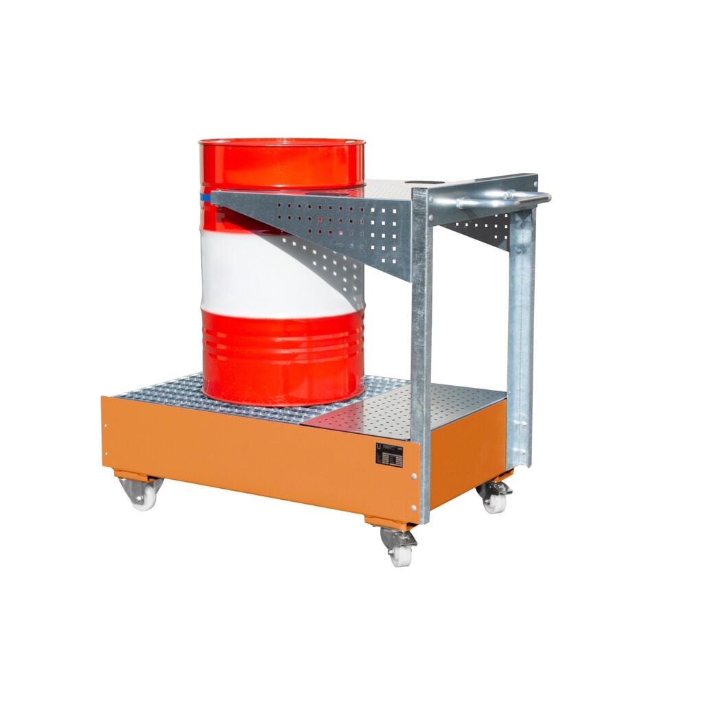 Número de imagen del producto 2: Bauer® cubeta de retención móvil de acero LPW, incl. soporte para panel perforado y correa de sujeción, amarillo anaranjado