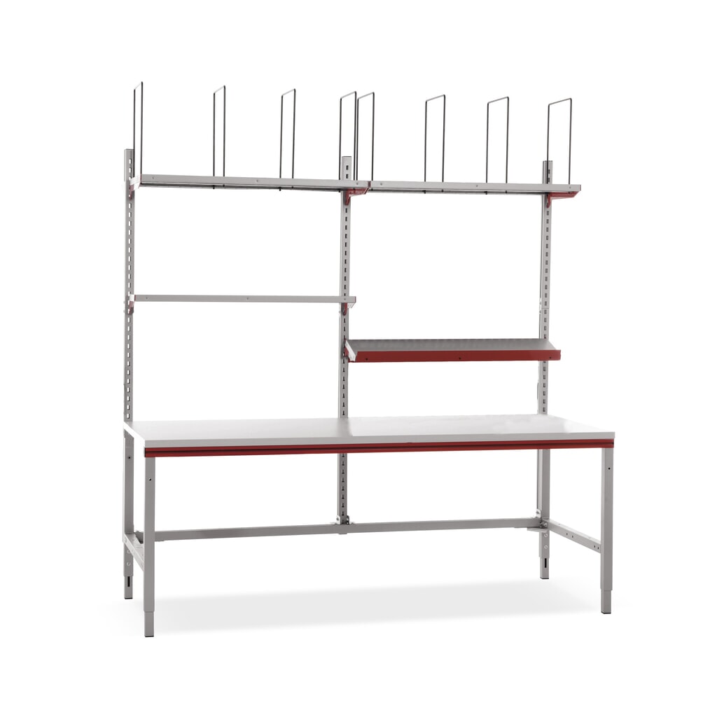 Rocholz mesa de embalaje ajustable en altura manualmente FLEX, con estantes y separadores de compartimentos, Al x An x F 690-960 x 2.000 x 800 mm Imagen del producto: Rocholz mesa de embalaje ajustable en altura manualmente FLEX, con estantes y separadores de compartimentos, Al x An x F 690-960 x 2.000 x 800 mm