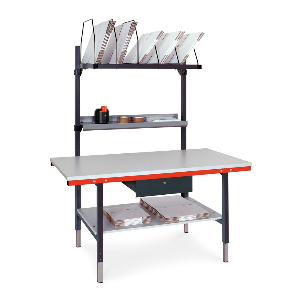 Imagen del producto: Rocholz mesa de embalaje ajustable en altura manualmente SYSTEM 2000, paquete completo con cajón y estante intermedio, Al x An x F 690-960 x 1.600 x 800 mm