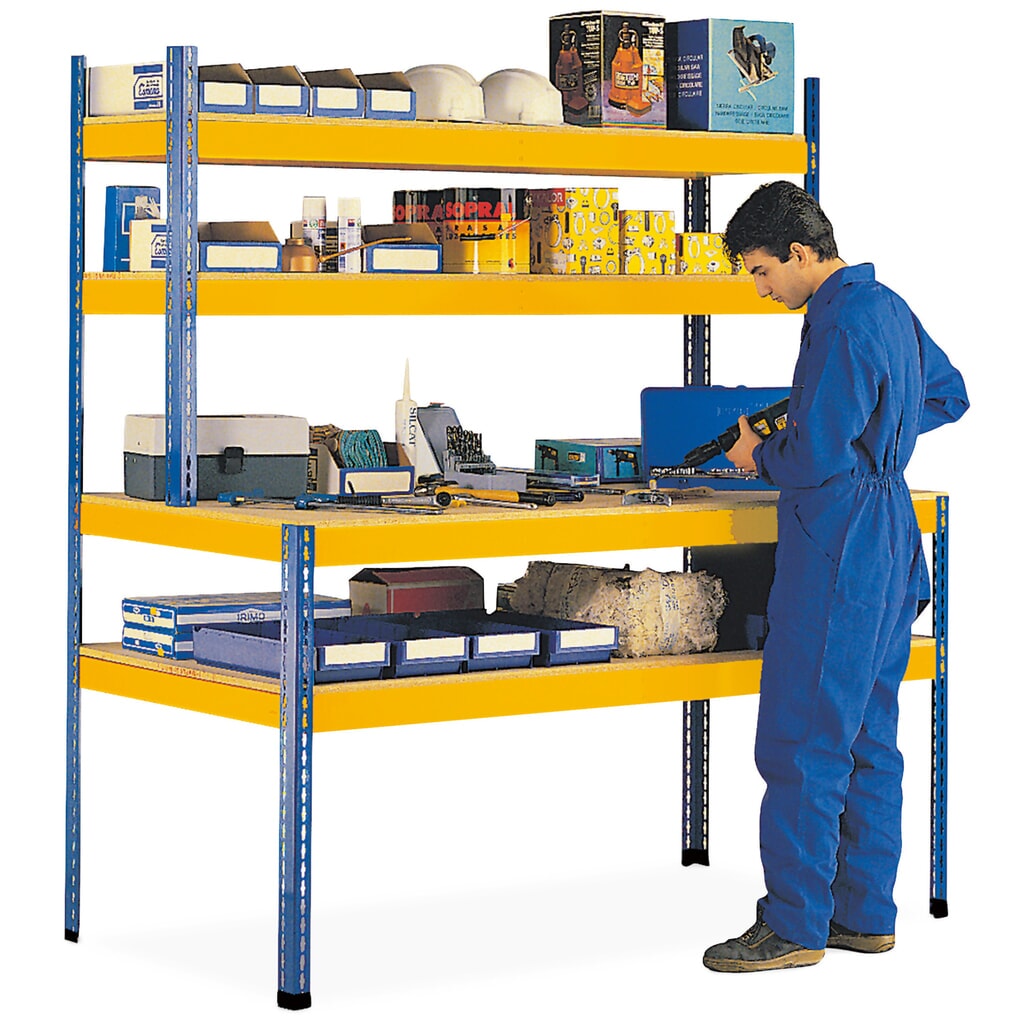 Mesa de taller NGS con estructura adicional, carga por estante 320 kg, 2 estantes embutidos con 1 travesaño de refuerzo cada uno, H x A x F 1.981/990 x 1.841 x 773/316 mm Imagen del producto: Mesa de taller NGS con estructura adicional, carga por estante 320 kg, 2 estantes embutidos con 1 travesaño de refuerzo cada uno, H x A x F 1.981/990 x 1.841 x 773/316 mm