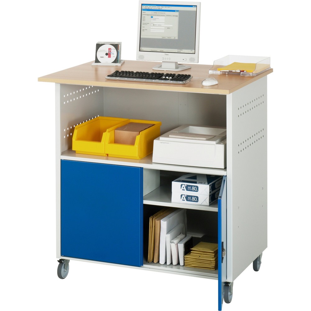 Número de imagen del producto 3: Mesa para ordenador RAU, H x A x F 1.150 x 1.100 x 800 mm, tablero de trabajo decorado en haya, con 2 puertas batientes