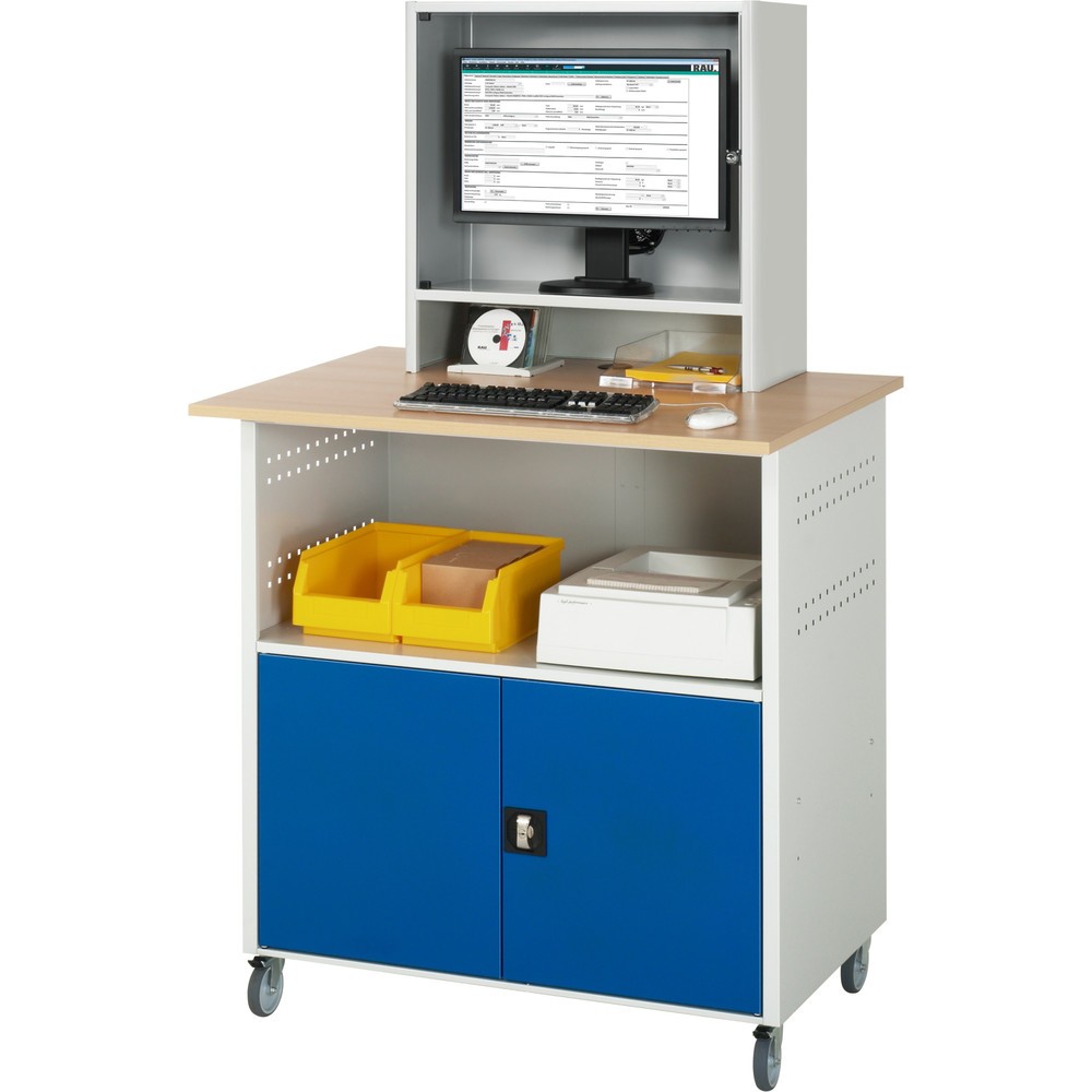 Número de imagen del producto 2: Mesa para ordenador RAU, H x A x F 1.860 x 1.100 x 800 mm, tablero de trabajo decorado en haya, con 2 puertas batientes y armario para el monitor