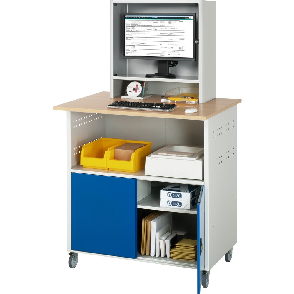 Número de imagen del producto 3: Mesa para ordenador RAU, H x A x F 1.860 x 1.100 x 800 mm, tablero de trabajo decorado en haya, con 2 puertas batientes y armario para el monitor