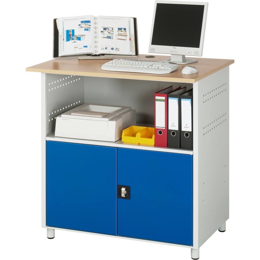 Número de imagen del producto 2: Mesa para ordenador RAU, H x A x F 1.100 x 1.100 x 800 mm, tablero de trabajo decorado en haya, con 2 puertas batientes y regleta de enchufes