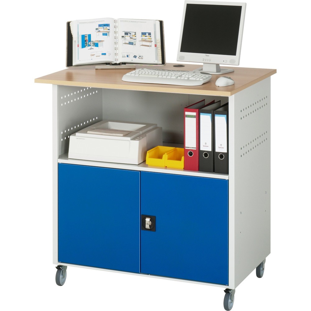 Número de imagen del producto 2: Mesa para ordenador RAU, H x A x F 1.150 x 1.100 x 800 mm, tablero de trabajo decorado en haya, con 2 puertas batientes y regleta de enchufes