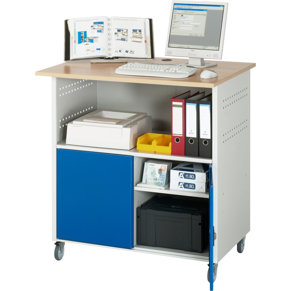 Número de imagen del producto 3: Mesa para ordenador RAU, H x A x F 1.150 x 1.100 x 800 mm, tablero de trabajo decorado en haya, con 2 puertas batientes y regleta de enchufes