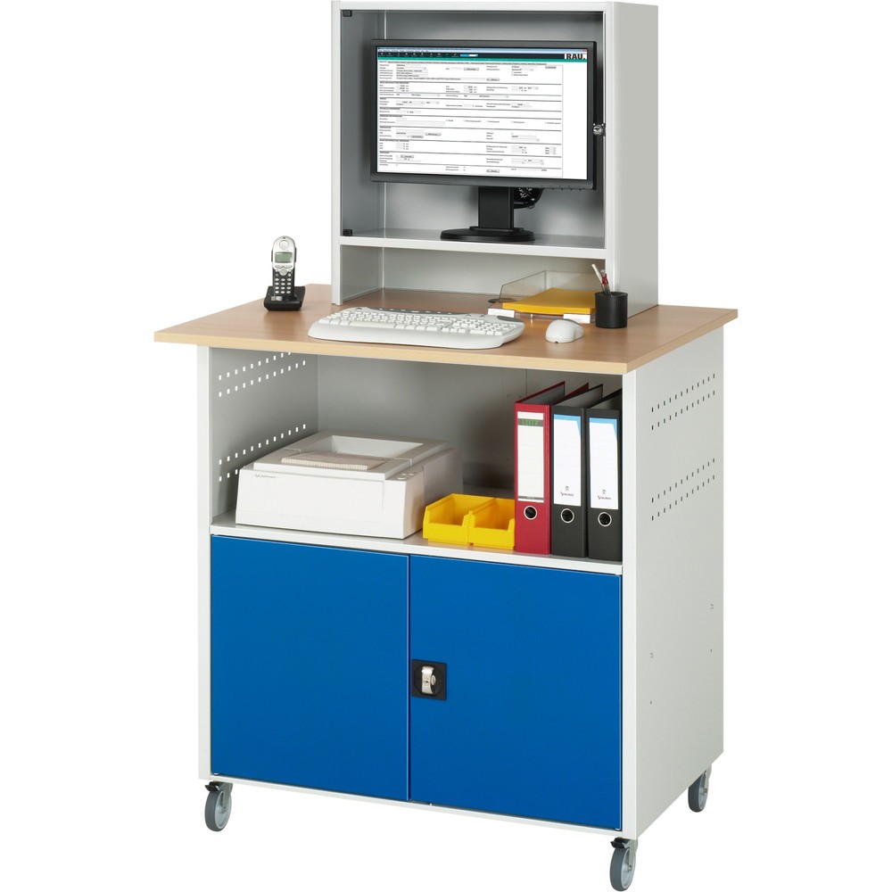 Número de imagen del producto 2: Mesa para ordenador RAU, H x A x F 1.860 x 1.100 x 800 mm, tablero de trabajo decorado en haya, con 2 puertas batientes, regleta de enchufes y alojamiento para el monitor