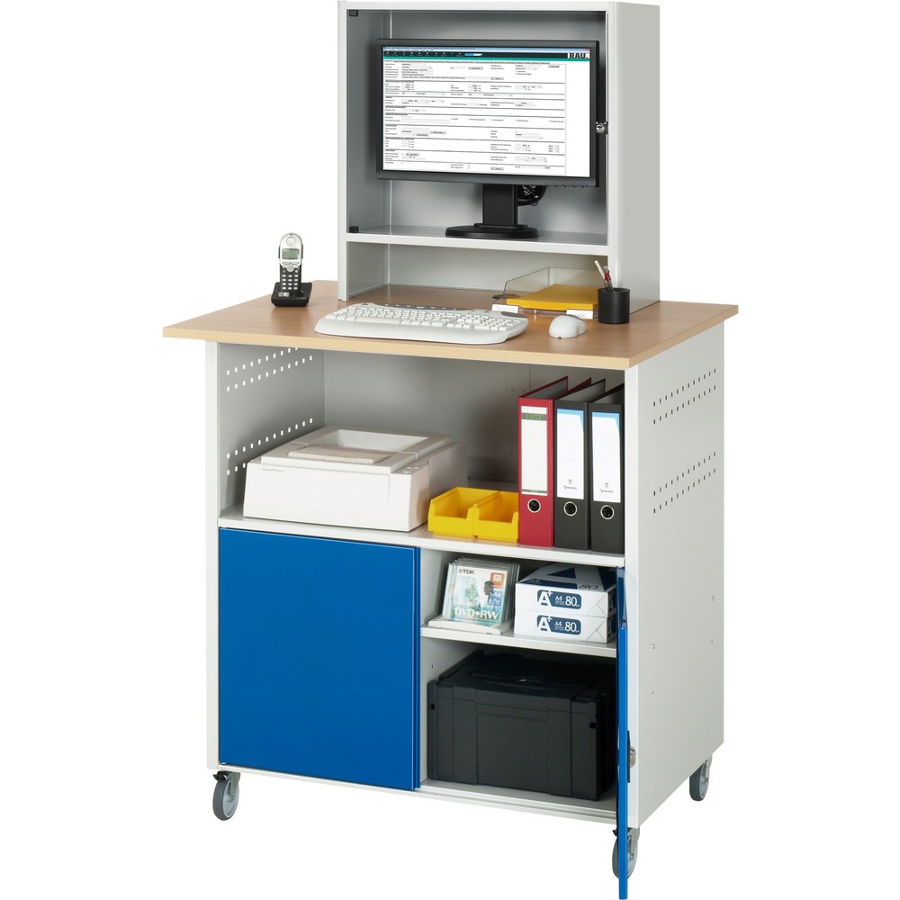 Número de imagen del producto 3: Mesa para ordenador RAU, H x A x F 1.860 x 1.100 x 800 mm, tablero de trabajo decorado en haya, con 2 puertas batientes, regleta de enchufes y alojamiento para el monitor