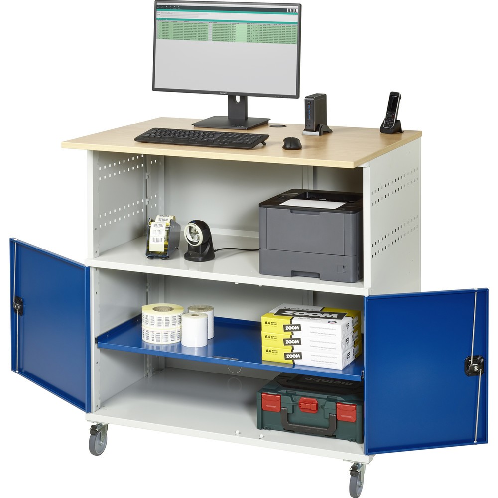 Imagen del producto: Mesa para ordenador RAU, H x A x F 1.150 x 1.100 x 800 mm, tablero de trabajo decorado en haya, con 2 puertas batientes