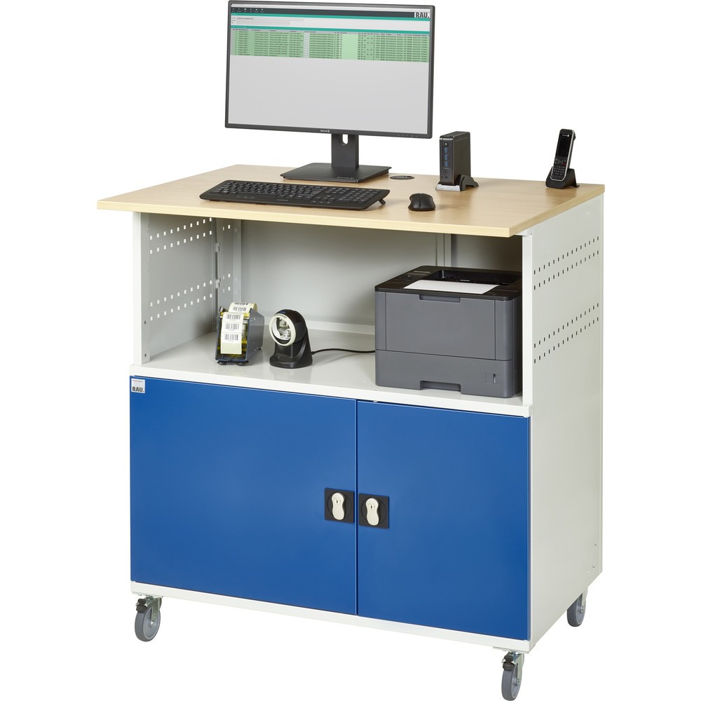 Número de imagen del producto 5: Mesa para ordenador RAU, H x A x F 1.150 x 1.100 x 800 mm, tablero de trabajo decorado en haya, con 2 puertas batientes