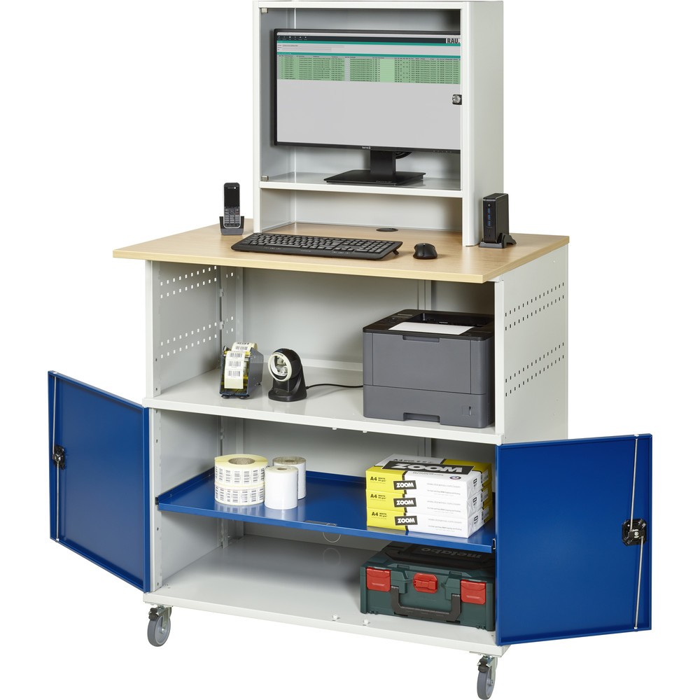 Número de imagen del producto 1: Mesa para ordenador RAU, H x A x F 1.860 x 1.100 x 800 mm, tablero de trabajo decorado en haya, con 2 puertas batientes y armario para el monitor