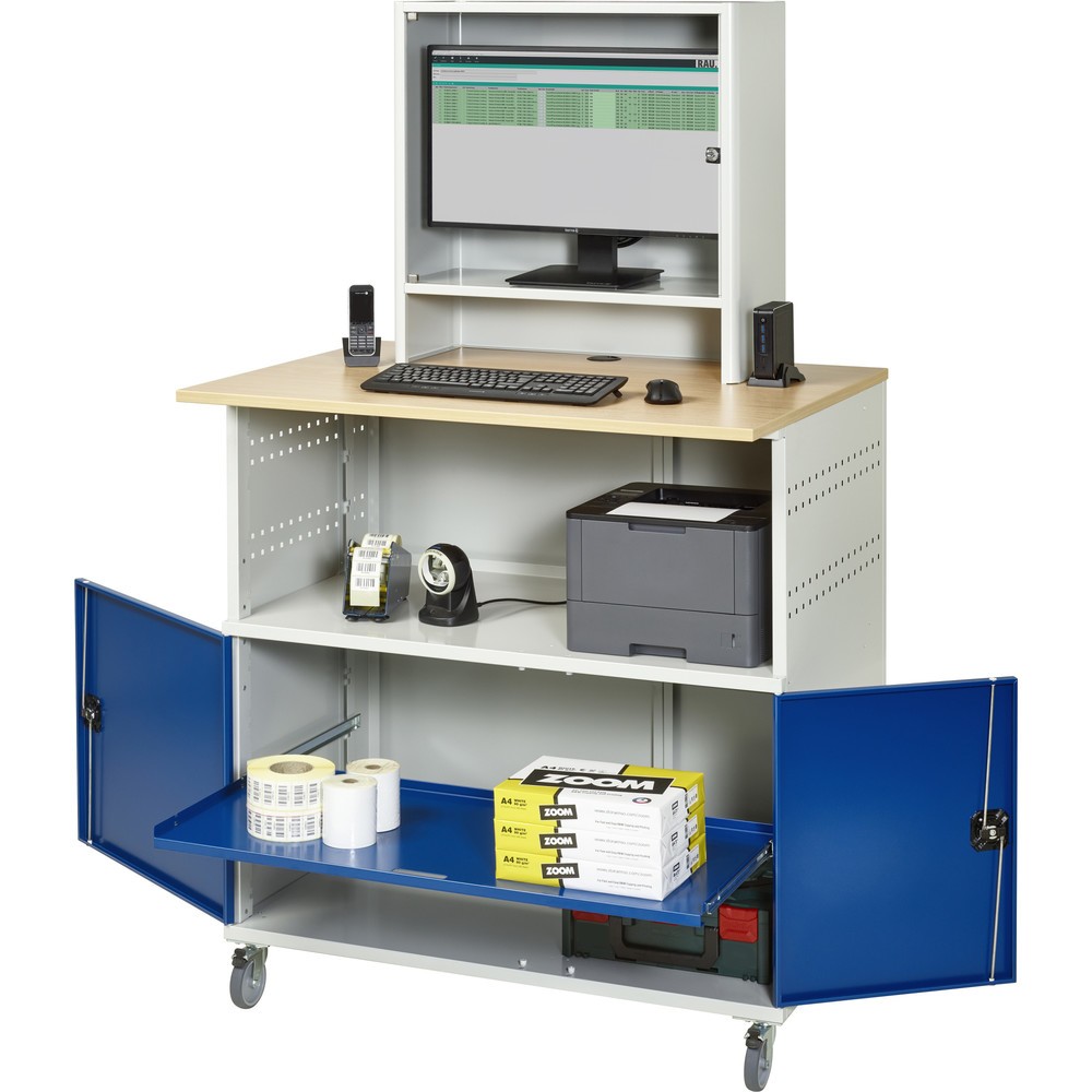 Número de imagen del producto 4: Mesa para ordenador RAU, H x A x F 1.860 x 1.100 x 800 mm, tablero de trabajo decorado en haya, con 2 puertas batientes y armario para el monitor