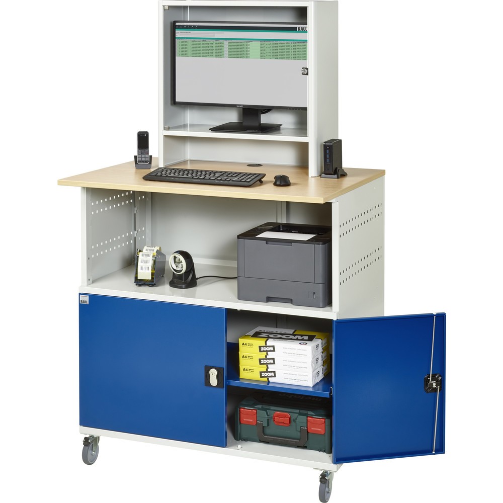 Número de imagen del producto 5: Mesa para ordenador RAU, H x A x F 1.860 x 1.100 x 800 mm, tablero de trabajo decorado en haya, con 2 puertas batientes y armario para el monitor