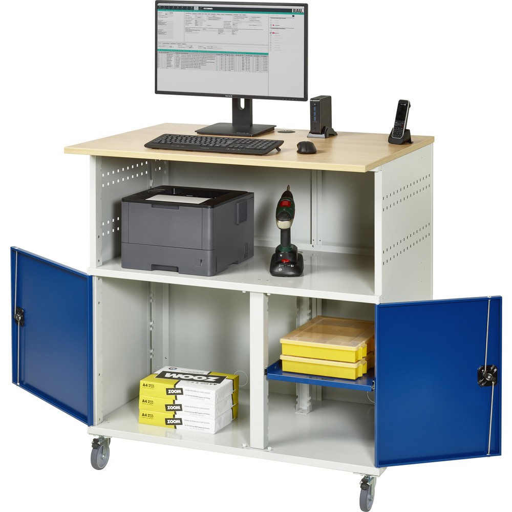Número de imagen del producto 1: Mesa para ordenador RAU, H x A x F 1.150 x 1.100 x 800 mm, tablero de trabajo decorado en haya, con 2 puertas batientes y regleta de enchufes