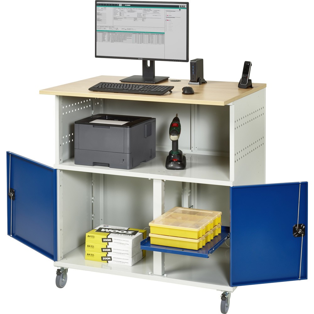 Número de imagen del producto 4: Mesa para ordenador RAU, H x A x F 1.150 x 1.100 x 800 mm, tablero de trabajo decorado en haya, con 2 puertas batientes y regleta de enchufes