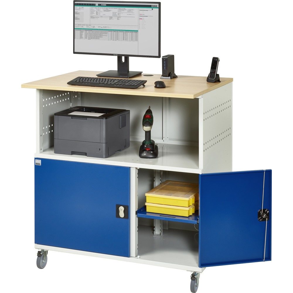 Número de imagen del producto 5: Mesa para ordenador RAU, H x A x F 1.150 x 1.100 x 800 mm, tablero de trabajo decorado en haya, con 2 puertas batientes y regleta de enchufes