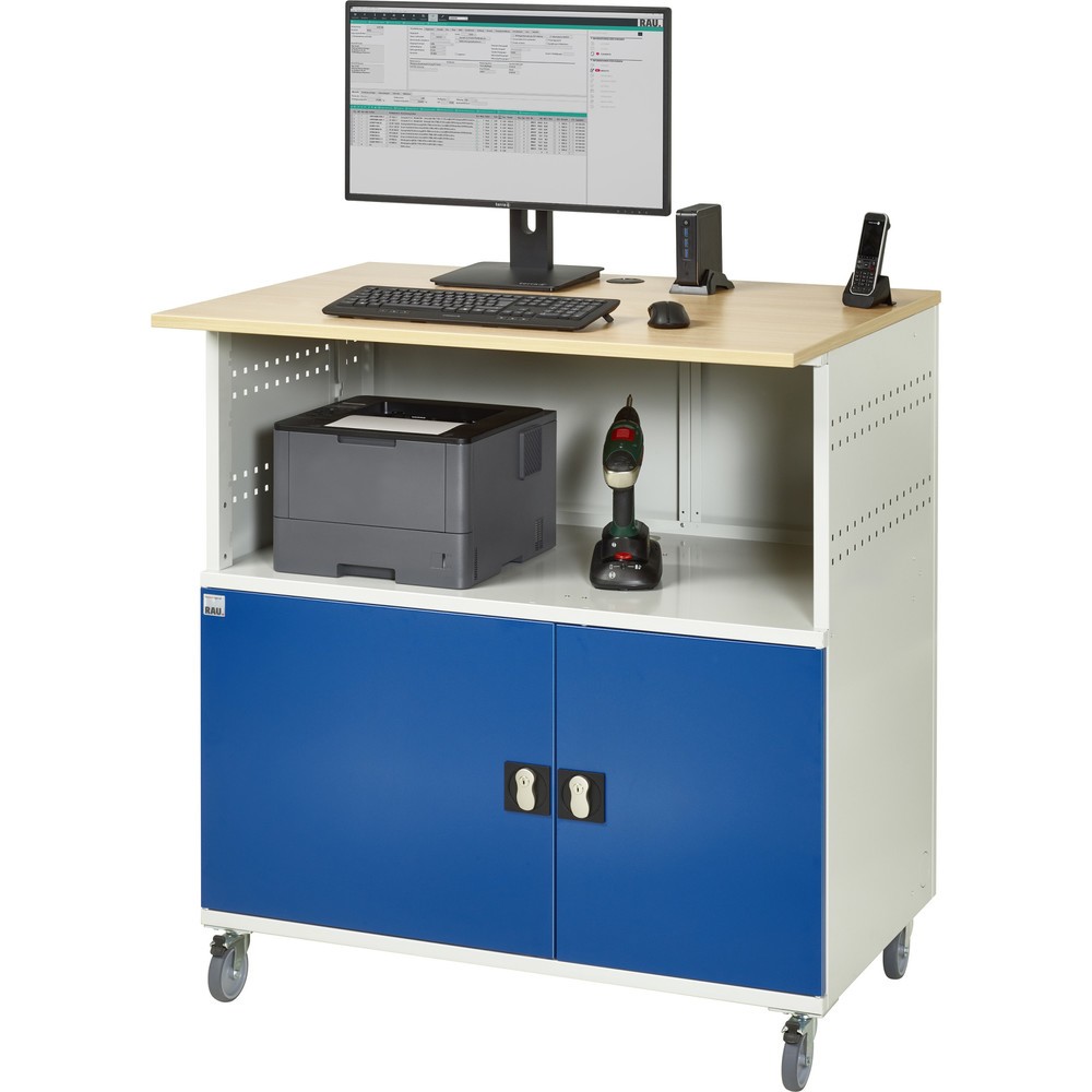 Número de imagen del producto 6: Mesa para ordenador RAU, H x A x F 1.150 x 1.100 x 800 mm, tablero de trabajo decorado en haya, con 2 puertas batientes y regleta de enchufes