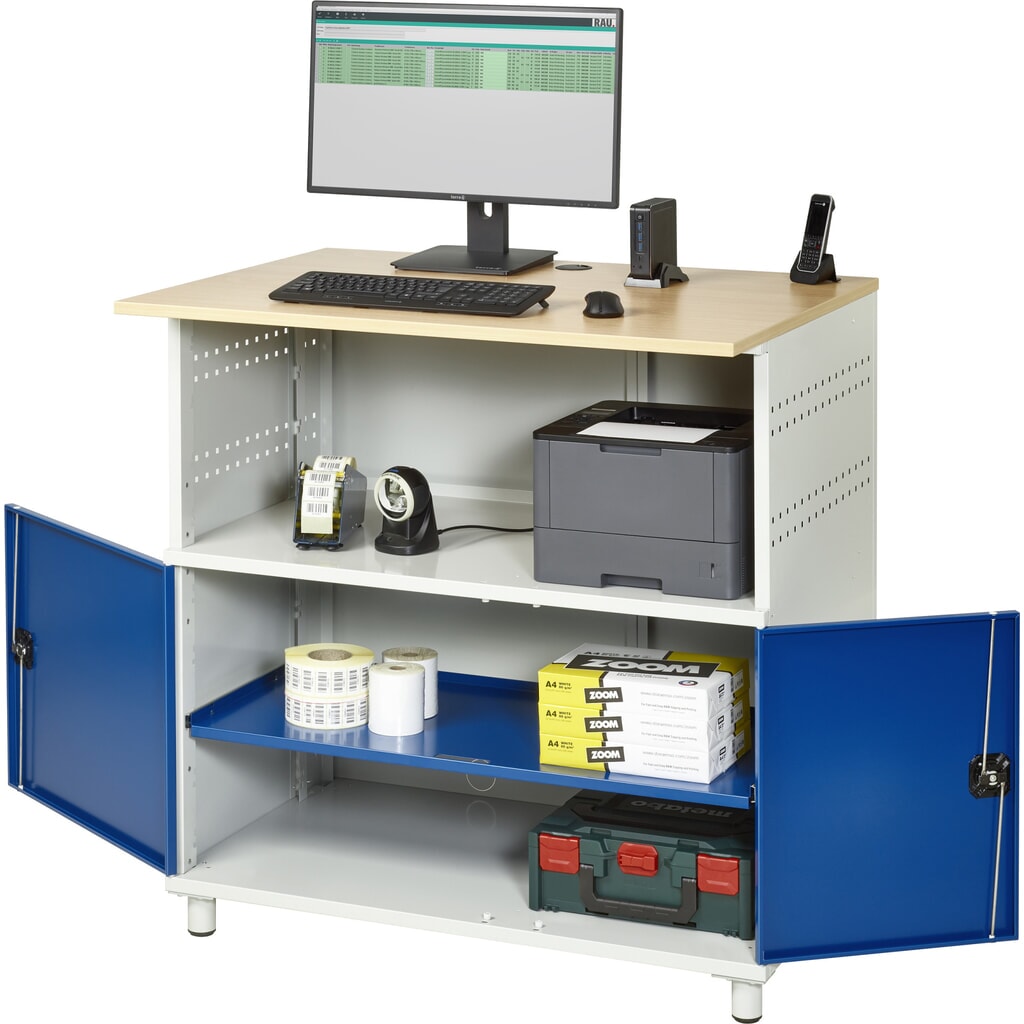 Imagen del producto: Mesa para ordenador RAU, H x A x F 1.100 x 1.100 x 800 mm, tablero de trabajo decorado en haya, con 2 puertas batientes
