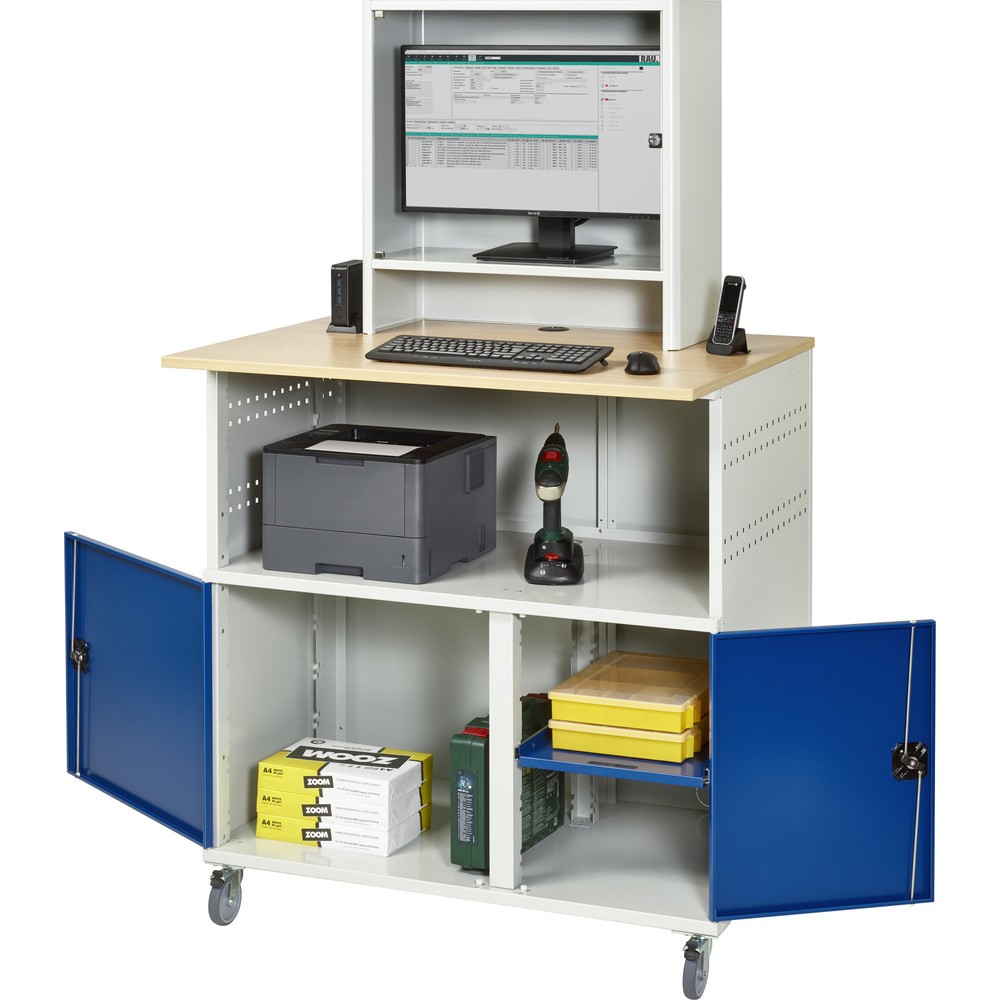 Número de imagen del producto 1: Mesa para ordenador RAU, H x A x F 1.860 x 1.100 x 800 mm, tablero de trabajo decorado en haya, con 2 puertas batientes, regleta de enchufes y alojamiento para el monitor