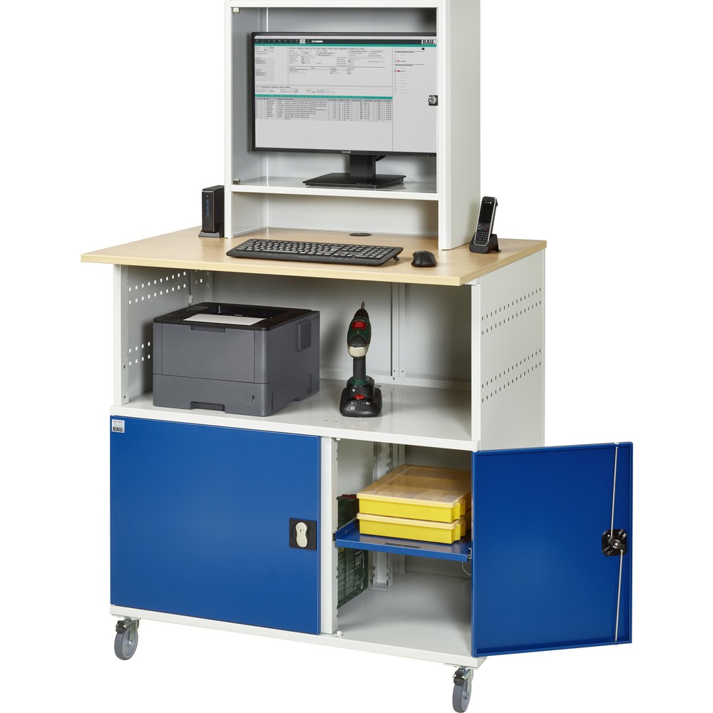 Número de imagen del producto 4: Mesa para ordenador RAU, H x A x F 1.860 x 1.100 x 800 mm, tablero de trabajo decorado en haya, con 2 puertas batientes, regleta de enchufes y alojamiento para el monitor