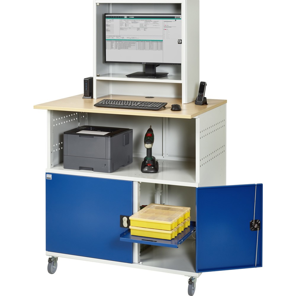 Número de imagen del producto 5: Mesa para ordenador RAU, H x A x F 1.860 x 1.100 x 800 mm, tablero de trabajo decorado en haya, con 2 puertas batientes, regleta de enchufes y alojamiento para el monitor